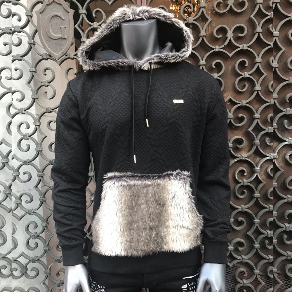 Men’s Faux Fur Black | Grey Hoodie